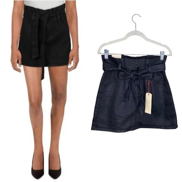NWT Alice + Olivia Jeans Black Denim Belted Mini Skirt Size 26 - Picture 1 of 8